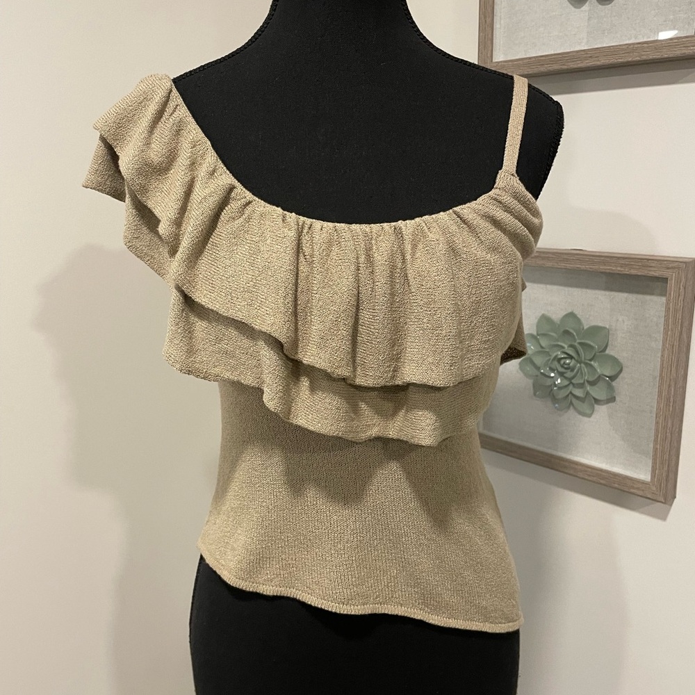 Zara Tan Ruffled Asymmetrical Knit Top With Back Tie NWT!